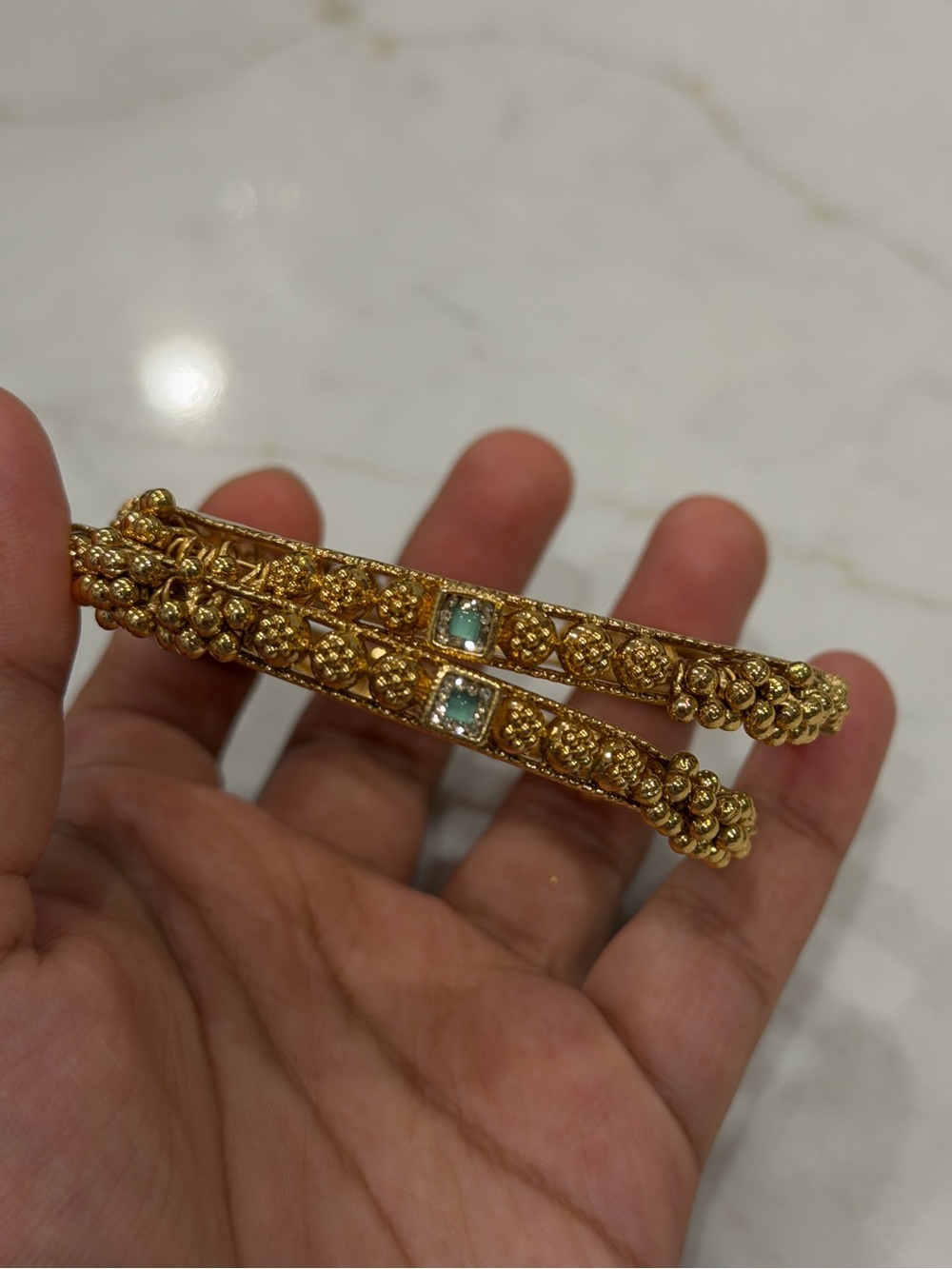 Traditional Gold Tone Kada Bracelet Pair | Desi  Bangles with Green & Pink